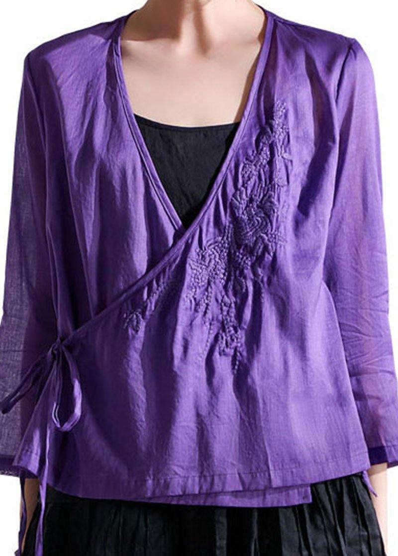 Boutique Purple Tie Waist Asymmetrical Design Summer Ramie Top - SooLinen