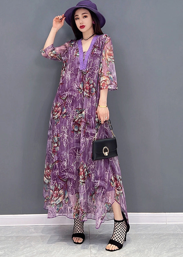 Boutique Purple V Neck Embroideried Hollow Out Tulle Maxi Dresses Half Sleeve