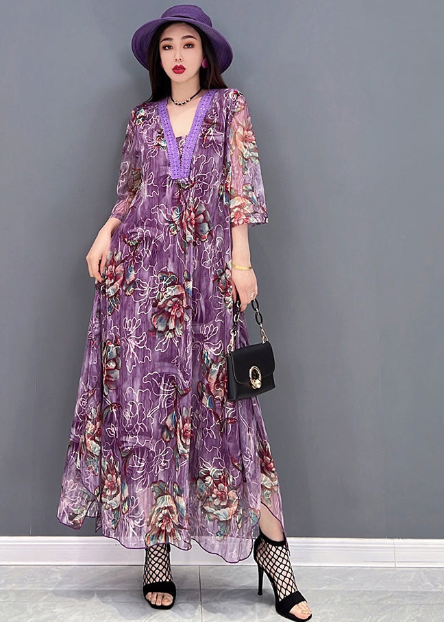 Boutique Purple V Neck Embroideried Hollow Out Tulle Maxi Dresses Half Sleeve