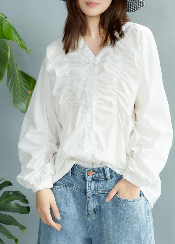 Boutique White V Neck Button Casual Fall Long sleeve Blouse Top - SooLinen