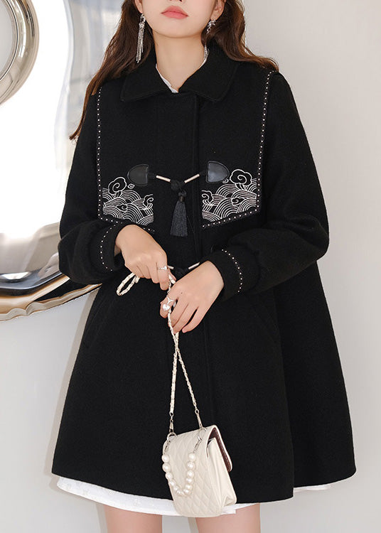 Brief Black Sailor Collar Print Tassel Button Thick Woolen Trench Coat Winter