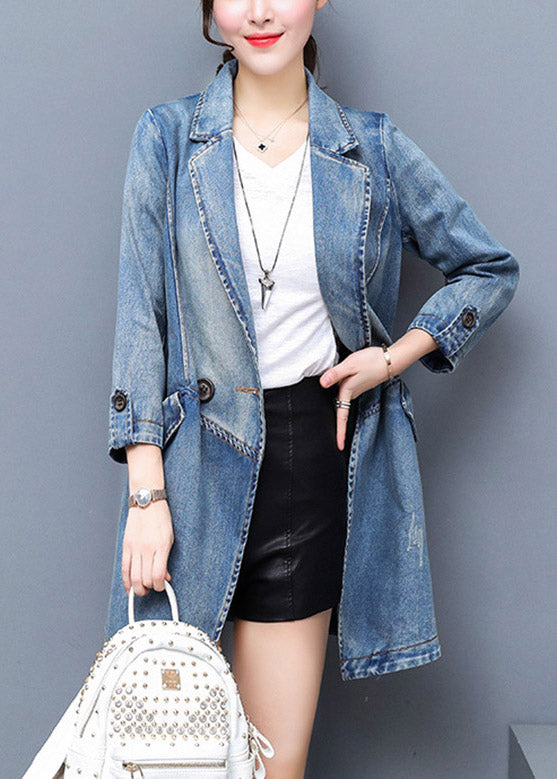 Bref denim Blue Notched Patchwork Button Coton Coton Long Coat Spring