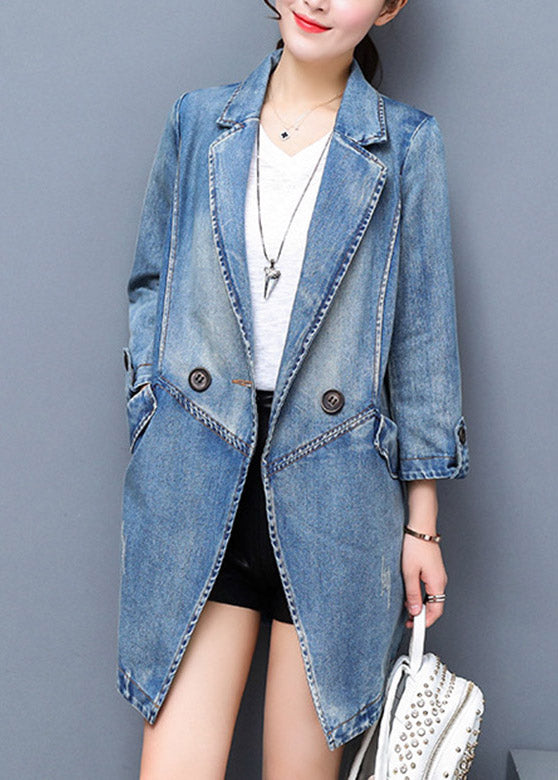 Bref denim Blue Notched Patchwork Button Coton Coton Long Coat Spring