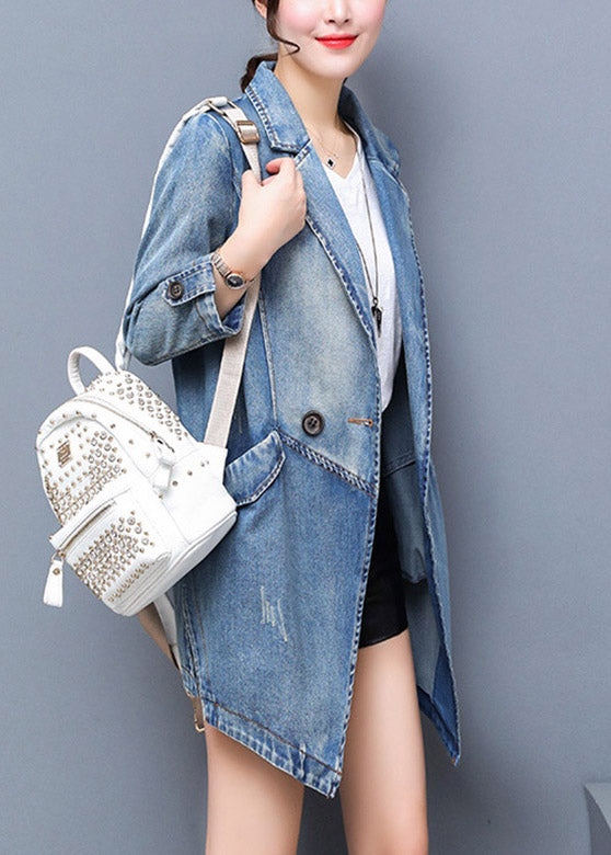 Bref denim Blue Notched Patchwork Button Coton Coton Long Coat Spring