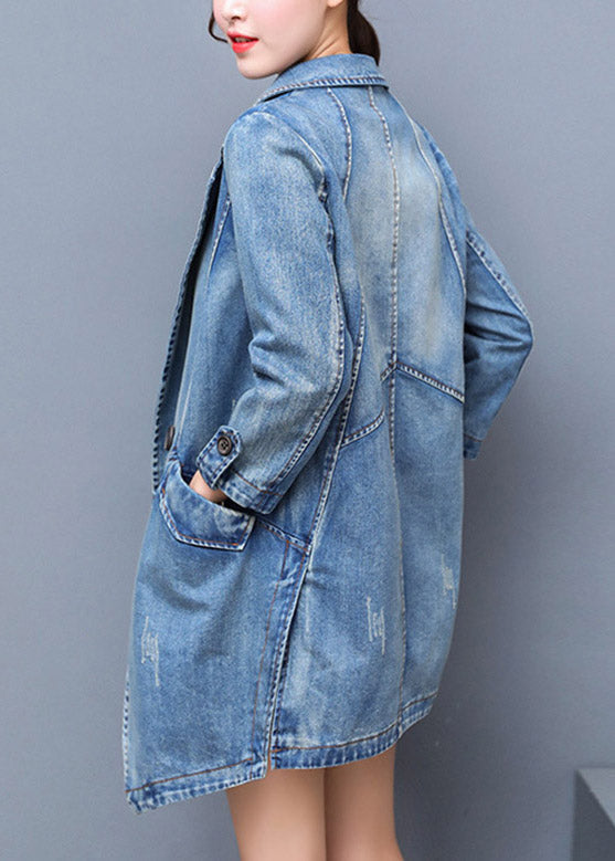 Bref denim Blue Notched Patchwork Button Coton Coton Long Coat Spring