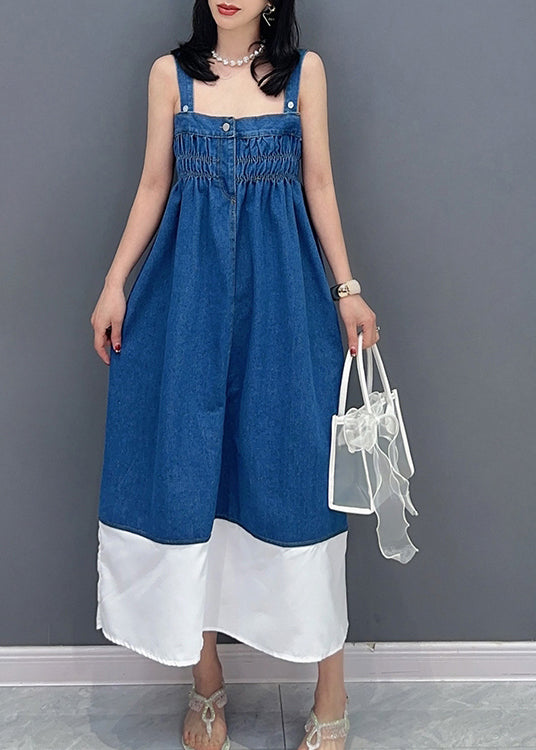 Bref denim Blue Slash Neck Patchwork Cinched Button Maxi Robe Summer