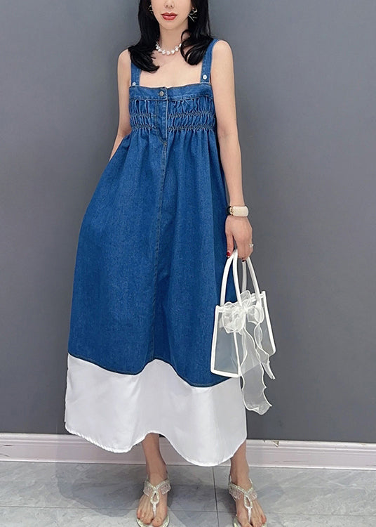 Bref denim Blue Slash Neck Patchwork Cinched Button Maxi Robe Summer