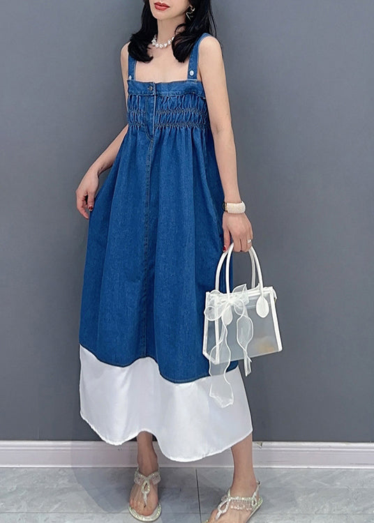 Bref denim Blue Slash Neck Patchwork Cinched Button Maxi Robe Summer