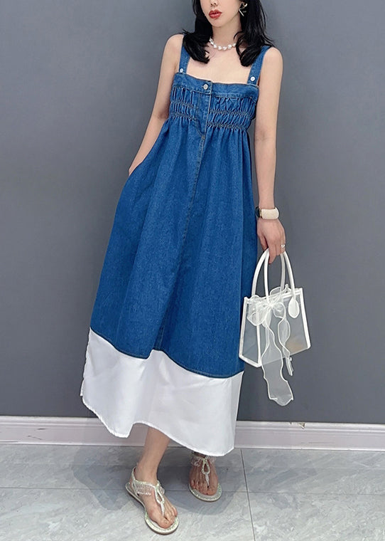 Bref denim Blue Slash Neck Patchwork Cinched Button Maxi Robe Summer