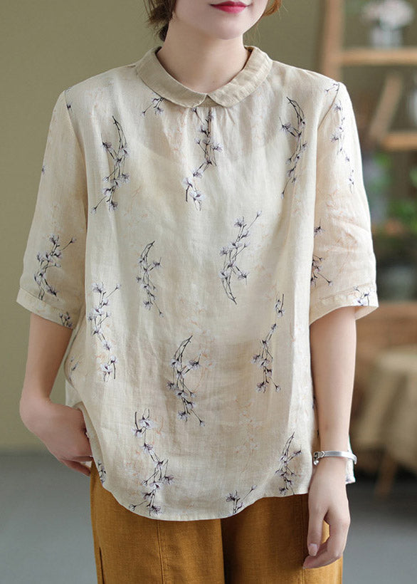 Brief Peter Pan Collar Imprimer Bouton Low Design Linen Shirt Half Mancheve