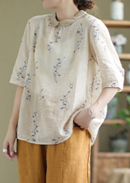 Brief Peter Pan Collar Imprimer Bouton Low Design Linen Shirt Half Mancheve