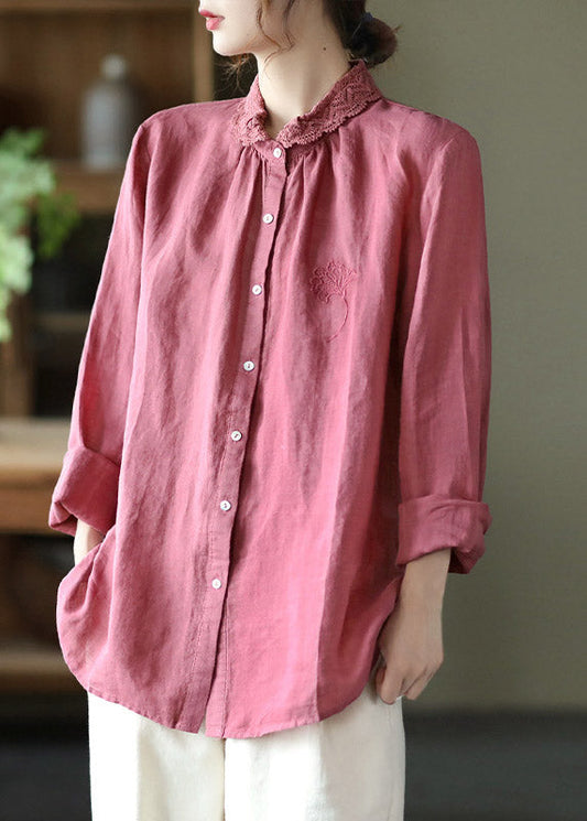 Brief Pink Peter Pan Collar Lace Patchwork Linen Shirt Long Sleeve