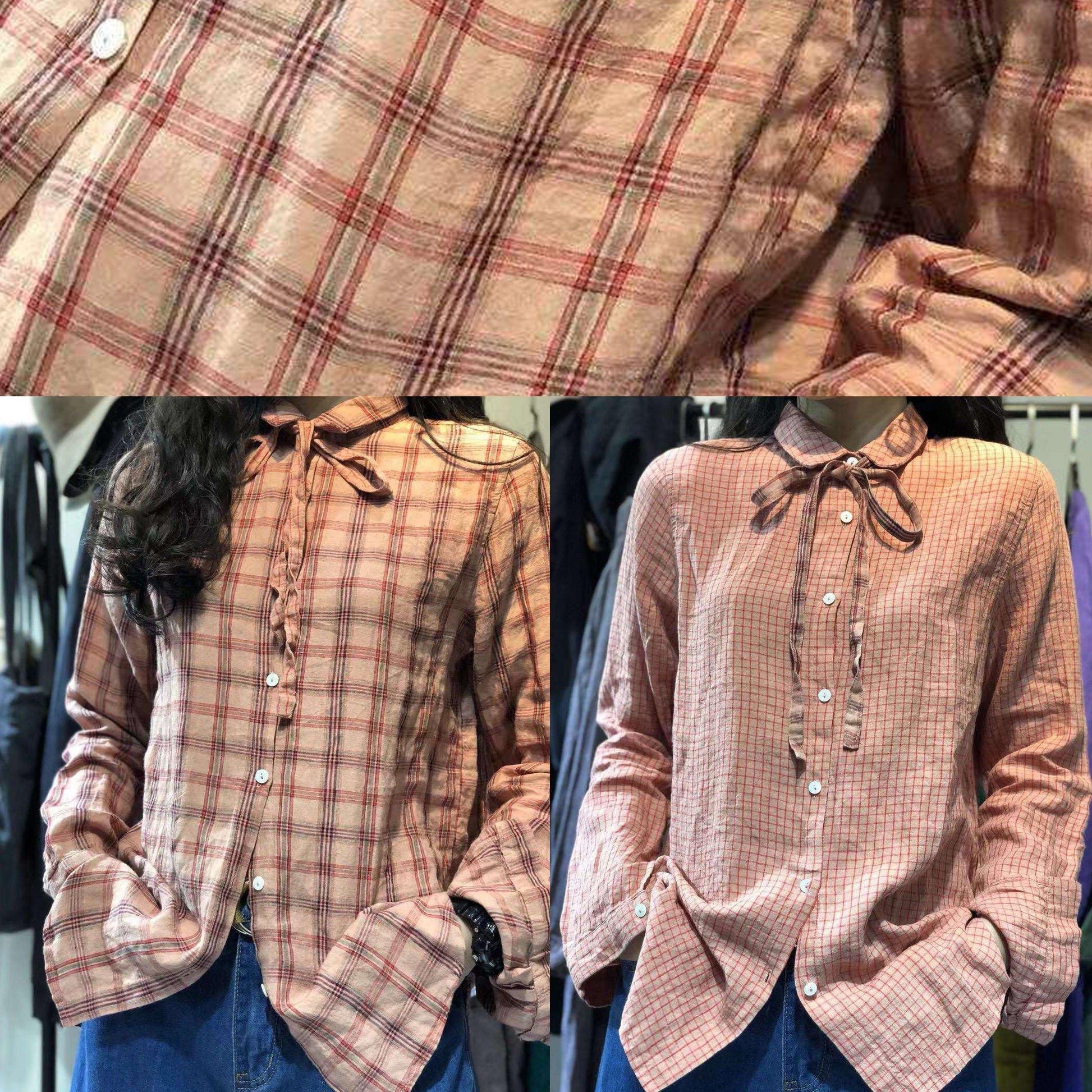 Brief small plaid linen blended long sleeve tops - SooLinen