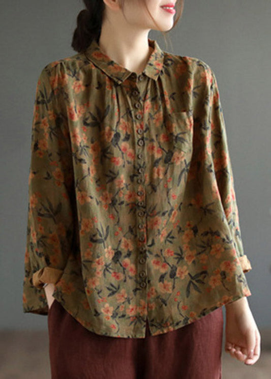 Brown Peter Pan Collar Button Linn Shirt Long Manneve