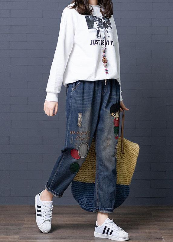 Cartoon Embroidery Hollow Drawstring Waist Denim Jeans - SooLinen