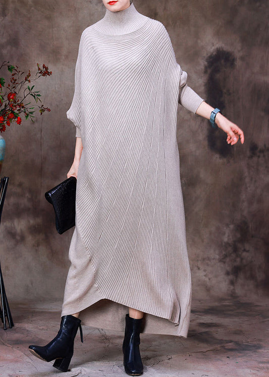 Casual Apricot Turtleneck Low High Design Woolen Knit Ankle Sweater Dress Long Sleeve