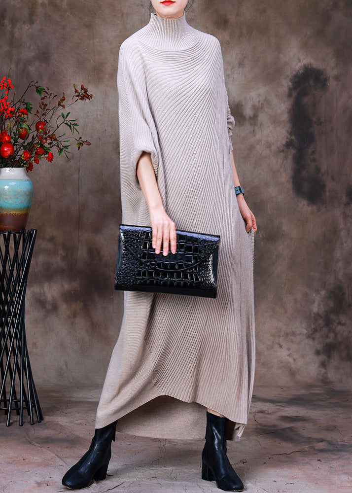 Casual Apricot Turtleneck Low High Design Woolen Knit Ankle Sweater Dress Long Sleeve