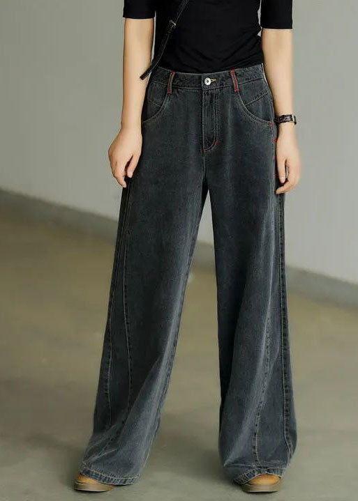 Casual Black High Waist Zip Up Draping Pockets Cotton Denim Wide Leg Pants Summer