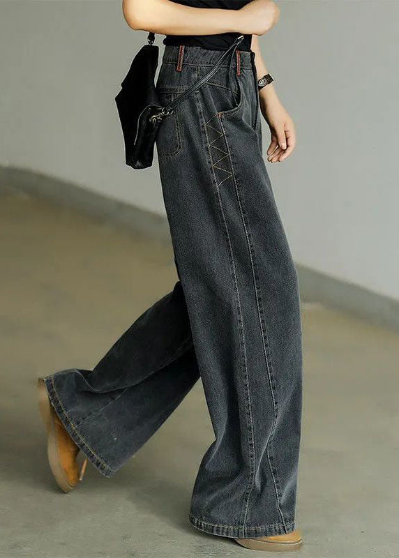 Casual Black High Waist Zip Up Draping Pockets Cotton Denim Wide Leg Pants Summer