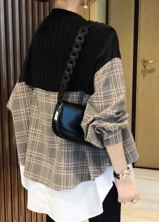 Casual Black Knit Patchwork Plaid Fall Long sleeve Shirt