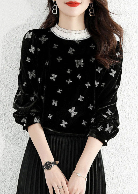 Casual Black Ruffled Butterfly Velor Shirt Top Spring