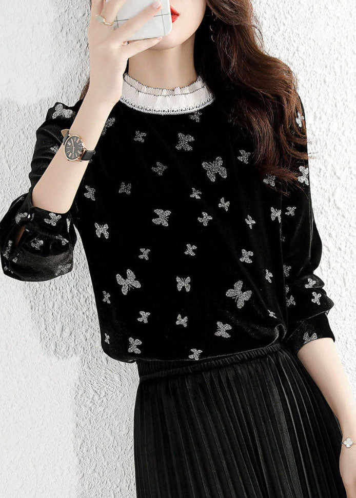 Casual Black Ruffled Butterfly Velor Shirt Top Spring