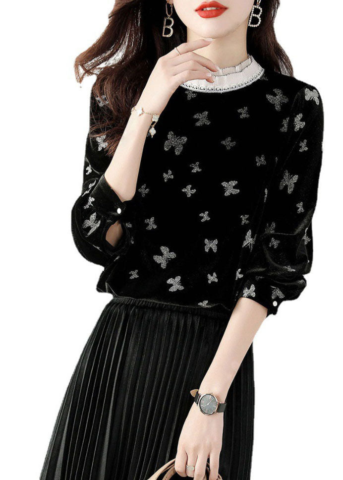 Casual Black Ruffled Butterfly Velor Shirt Top Spring