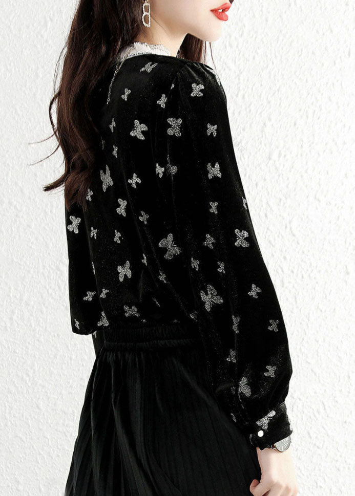 Casual Black Ruffled Butterfly Velor Shirt Top Spring