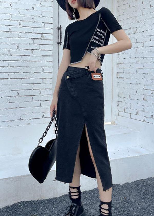 Casual Black Summer High Waist Denim Casual Skirts - SooLinen