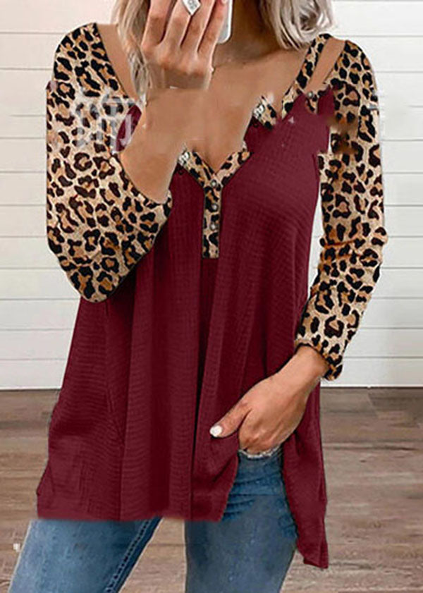 Neck Noir V occasionnel Conception asymétrique Patchwork Patchwork Leopard Print Top Long Manneve