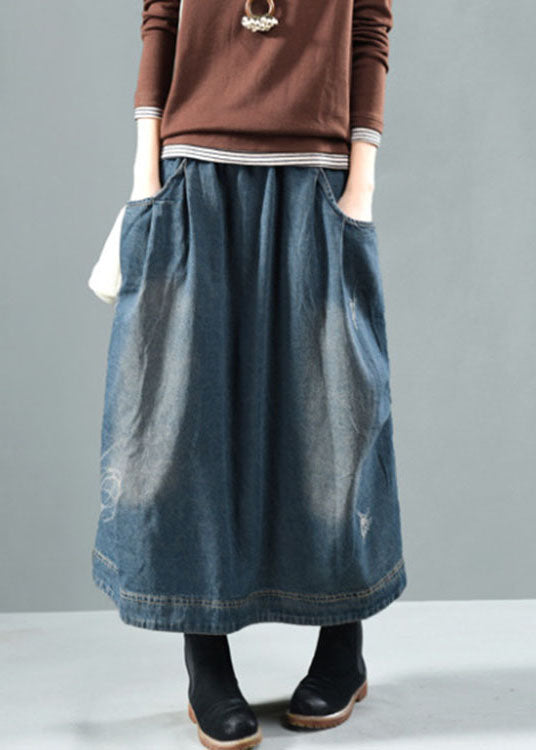 Casual Blue Elastic Waist Pockets Patchwork Fall Denim Skirt