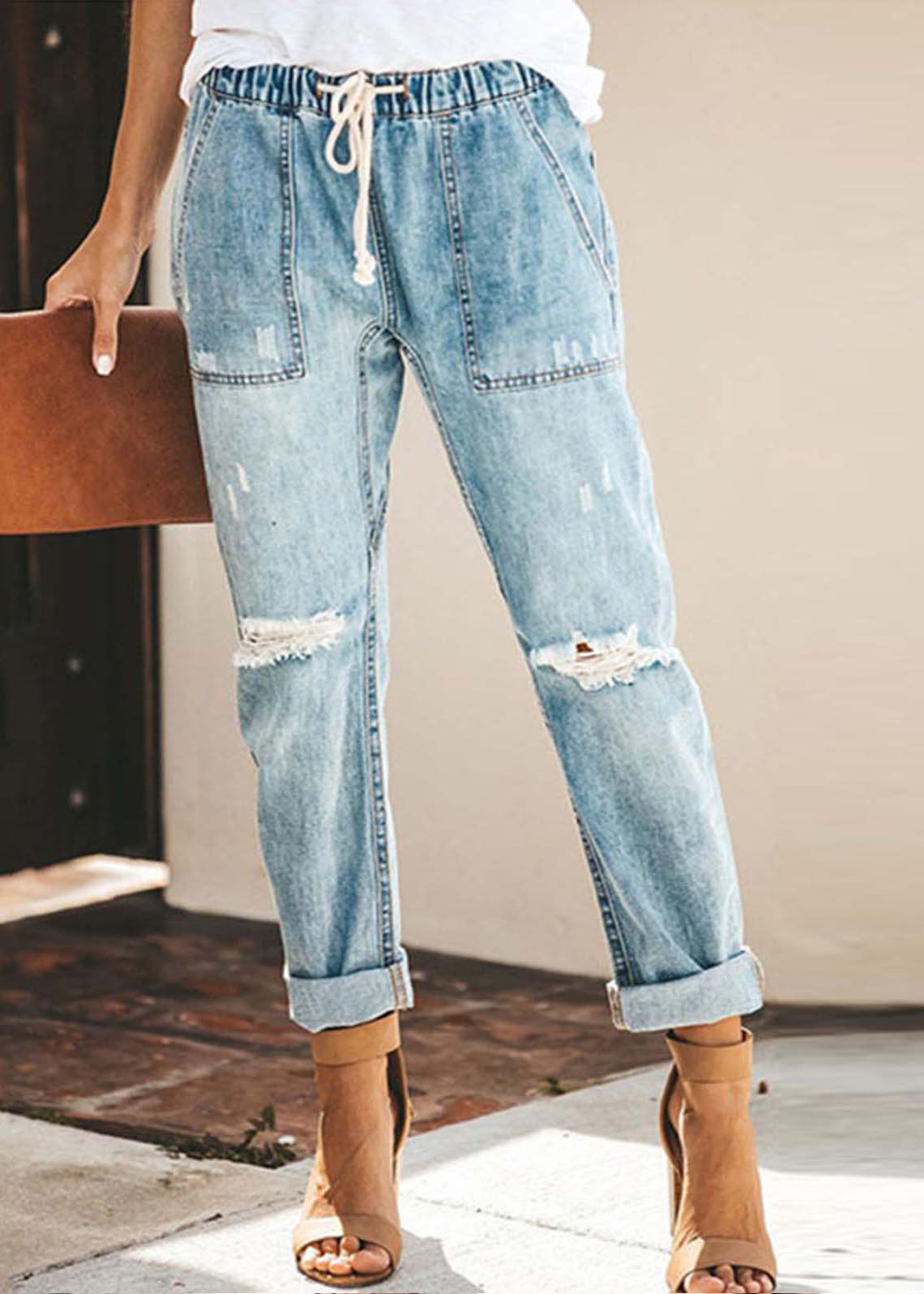 Taille élastique bleue décontractée Pantalon de harem en denim déchiré Summer