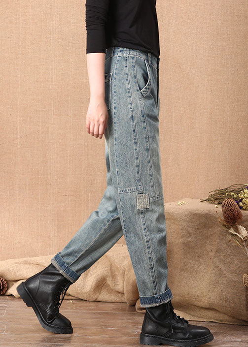 Casual Blue High Waist Button Pockets Patchwork Cotton Denim Pants Summer