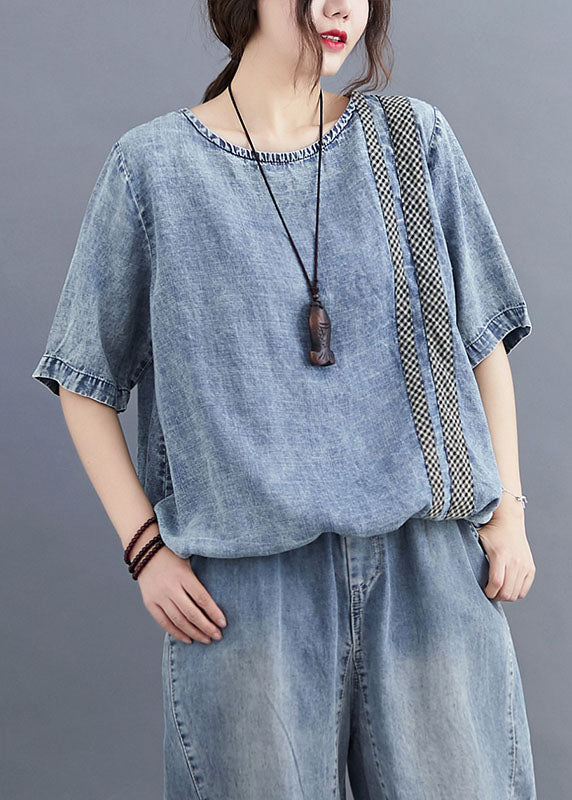 Bleu Occont O N coud plafaid patchwork Denim T-shirt Top Summer