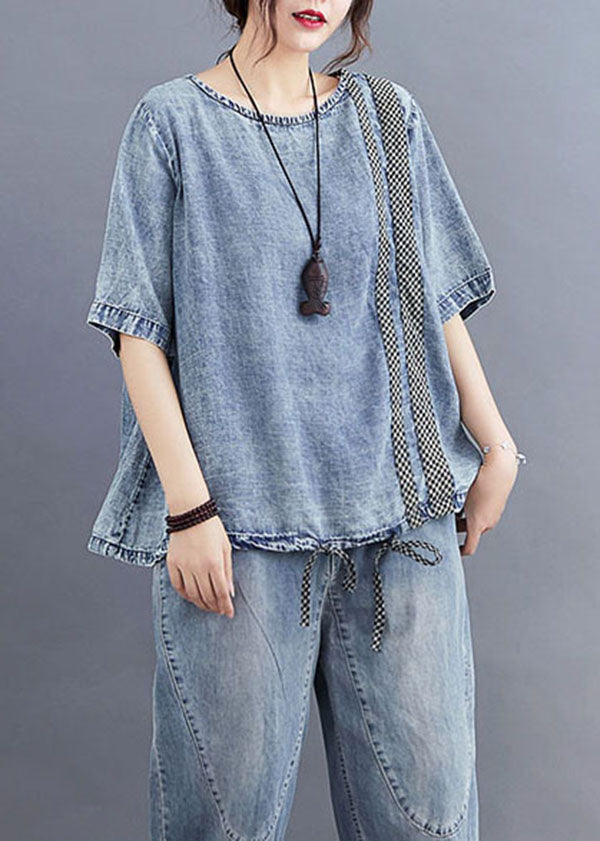 Bleu Occont O N coud plafaid patchwork Denim T-shirt Top Summer