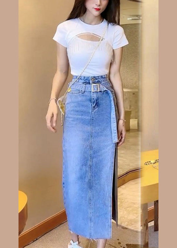 Casual Blue Patchwork Sashes Side Open Denim Maxi Jupe