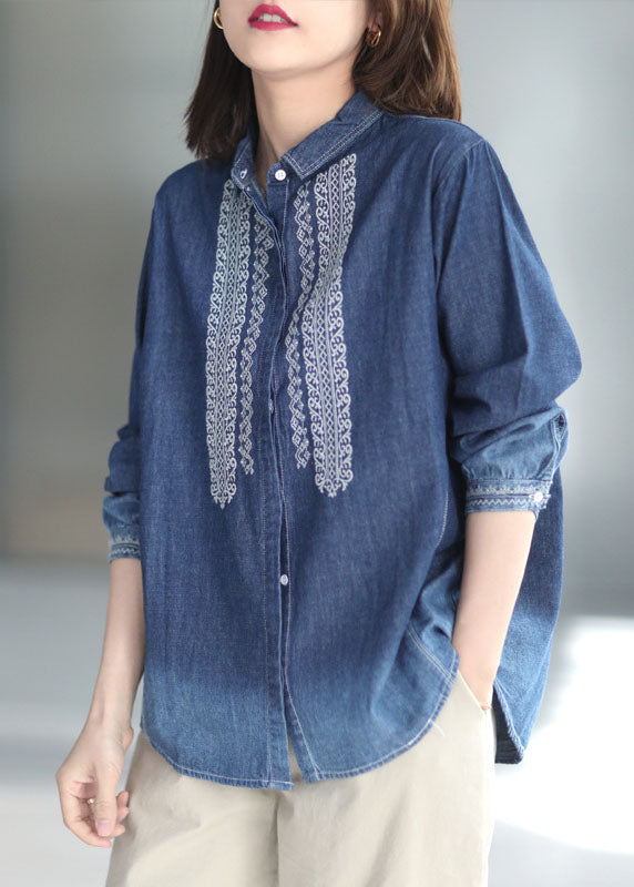 Casual Blue Peter Pan Collar Embroideried Cotton Denim Shirt Top Long Sleeve