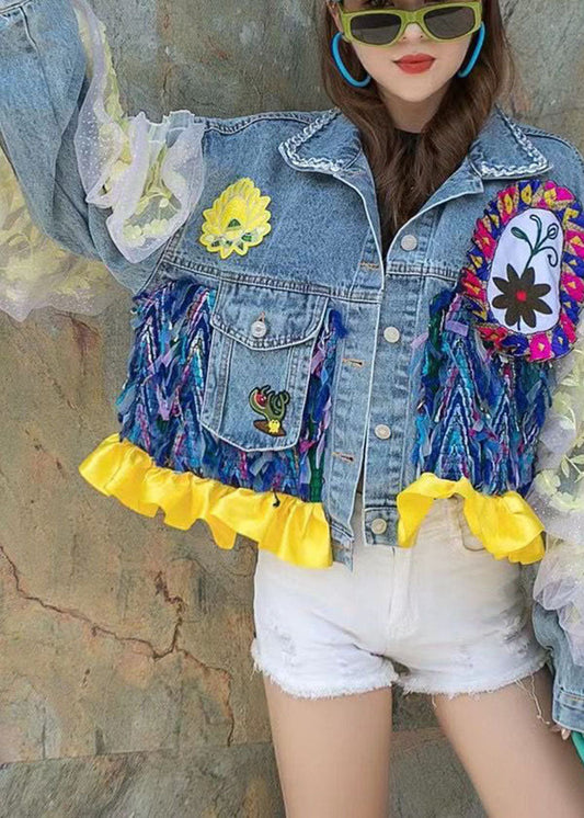 Casual Blue PeterPan Collar Button Patchwork Sequins Fall Denim Long sleeve Coat