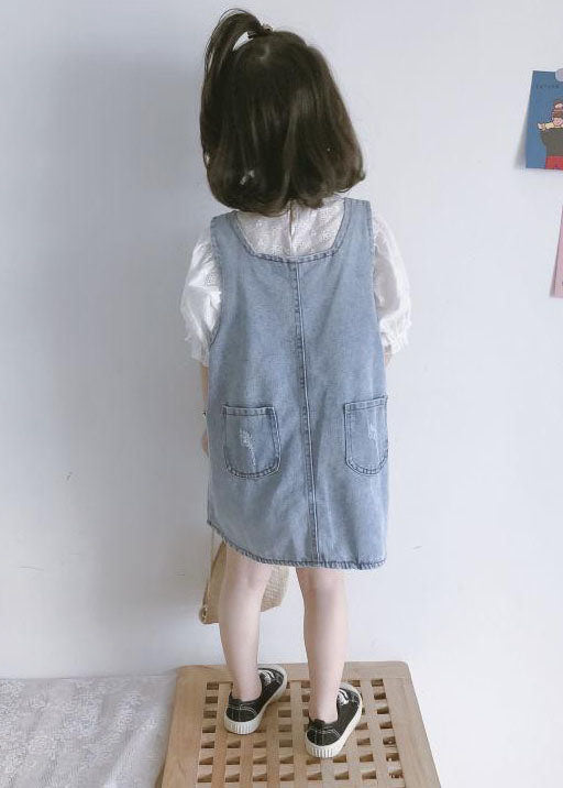 Bouton de poches bleues décontractées Patchwork Denim Kids Girls Habillez l'été de deux pièces