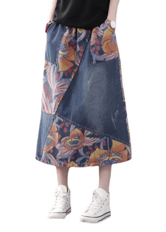 Casual Blue Pockets Patchwork Print A Line Fall Denim Skirts