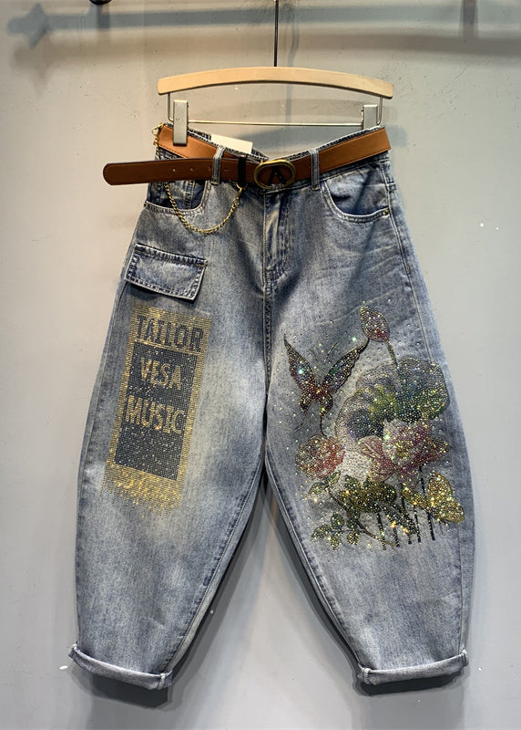 Poches à imprimé bleu décontracté Pantalon de culture en denim en coton été