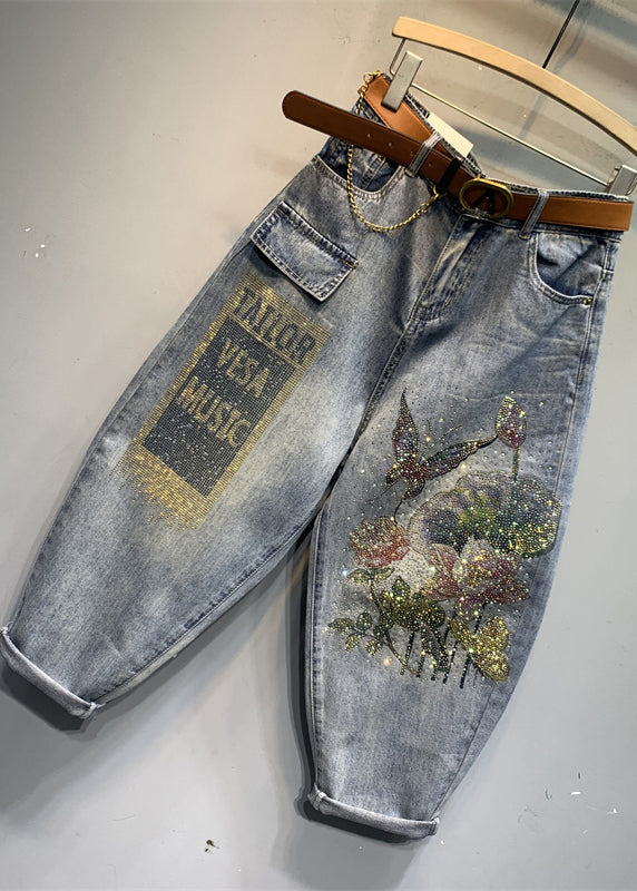 Poches à imprimé bleu décontracté Pantalon de culture en denim en coton été