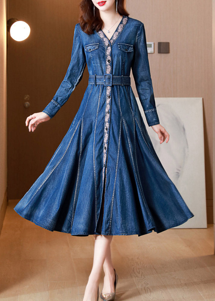 Casual B Blue Neck Print Button Sashes Silk Denim Maxi Robes à manches longues