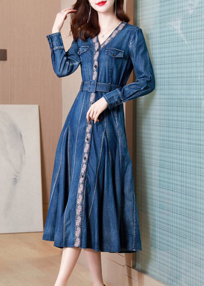 Casual B Blue Neck Print Button Sashes Silk Denim Maxi Robes à manches longues