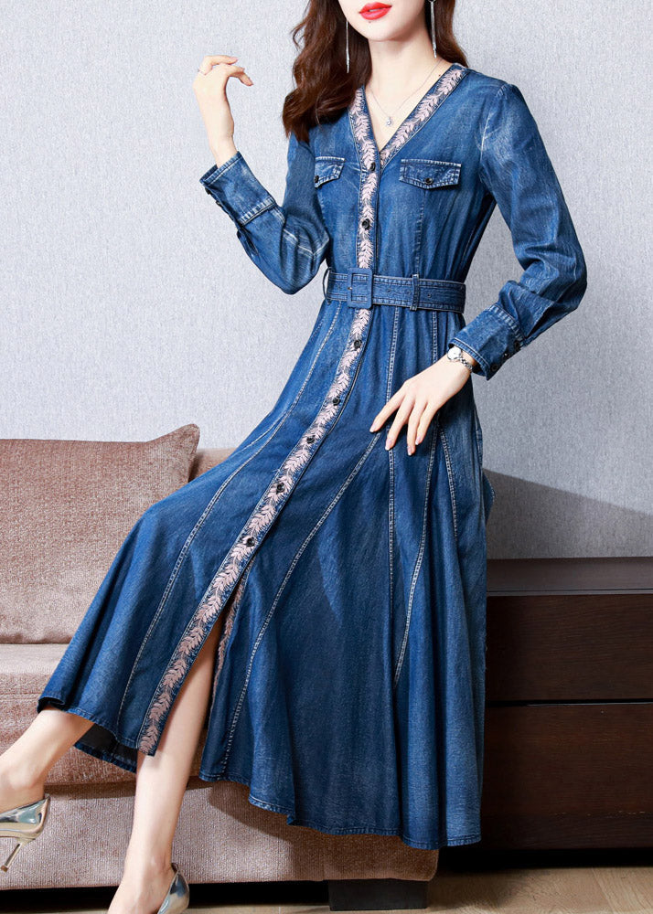 Casual B Blue Neck Print Button Sashes Silk Denim Maxi Robes à manches longues