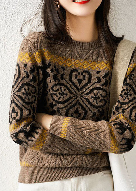 Casual Camel O-Neck Thick Print Knit Sweaters Long Sleeve