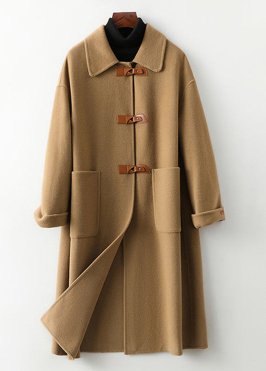 Casual Camel Peter Pan Collar Button Woolen Long Coats Fall