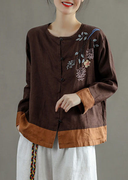 Chocolate O Casual Owck Broideried Patchwork Linen Shirts Long Manchet Long