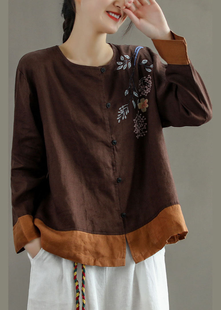 Chocolate O Casual Owck Broideried Patchwork Linen Shirts Long Manchet Long