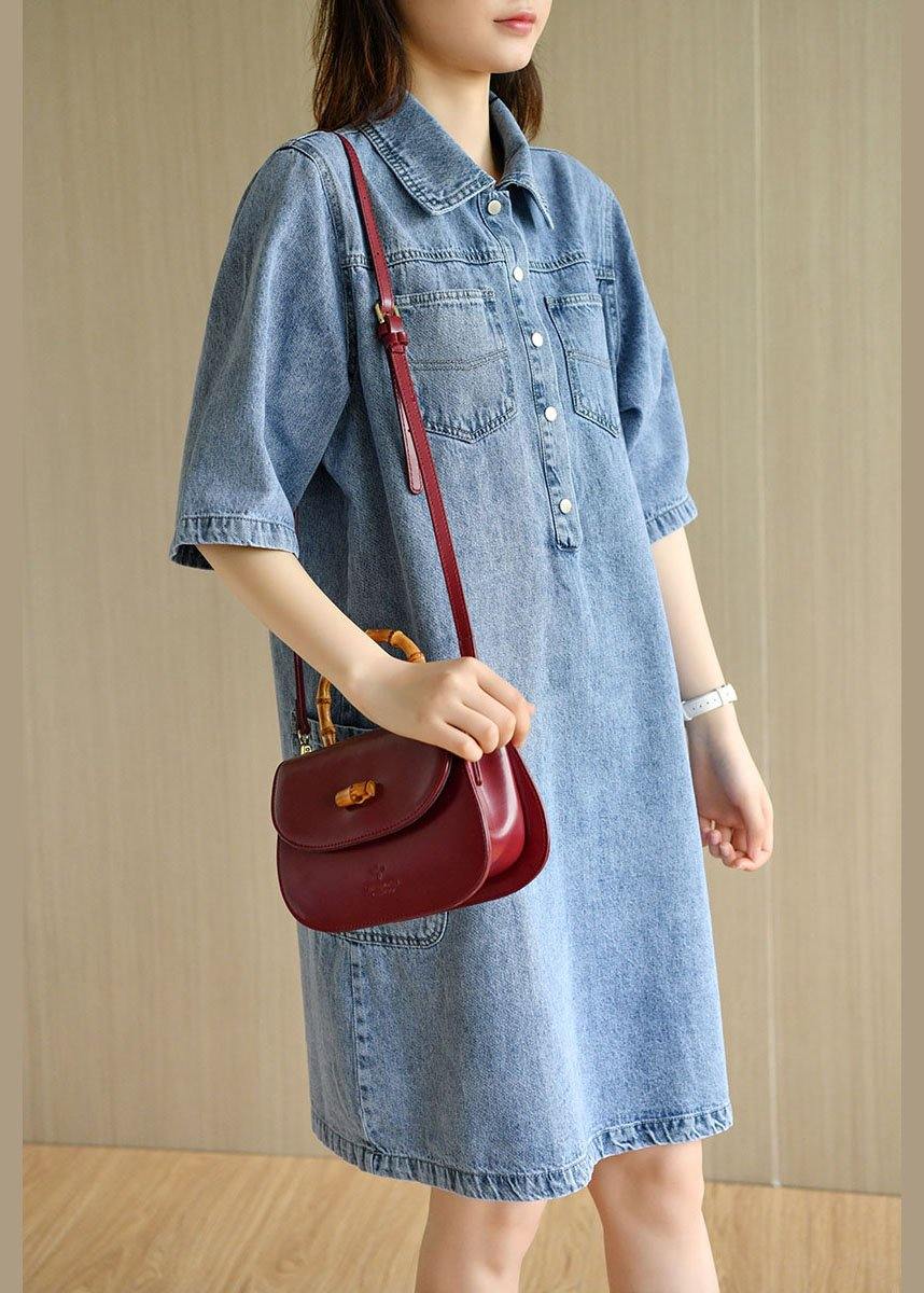 Casual Denim Blue Peter Pan Collar Pockets Summer Cotton Mid Dress Half Sleeve - SooLinen